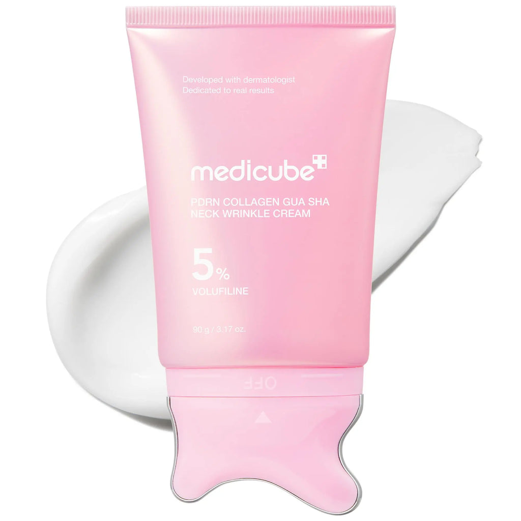Medicube PDRN Gua Sha Neck Cream pink tube with its built-in gua sha head and a white cream swatch