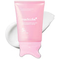 Medicube PDRN Gua Sha Neck Cream pink tube with its built-in gua sha head and a white cream swatch