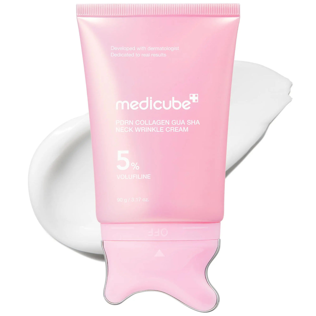 Medicube PDRN Gua Sha Neck Cream pink tube with its built-in gua sha head and a white cream swatch
