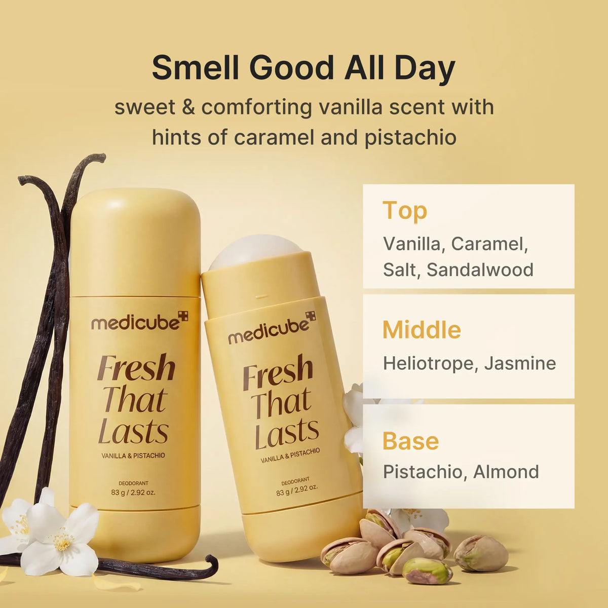 Two deodorant sticks with vanilla pods and pistachios, showing the top, middle and base scent notes