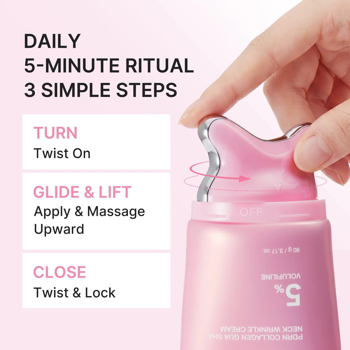 Hand twisting the applicator open beside the three-step turn, glide and close routine