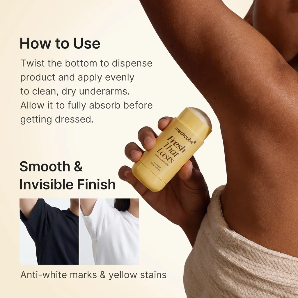 Hand holding the deodorant stick with how-to-use steps and no-white-marks examples