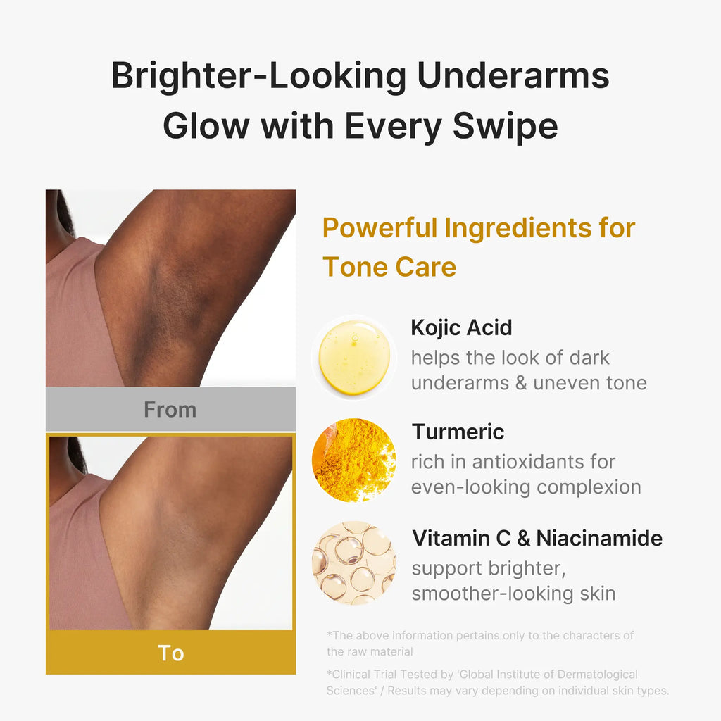 Brand before-and-after underarm photos beside the kojic acid, turmeric and vitamin C ingredients