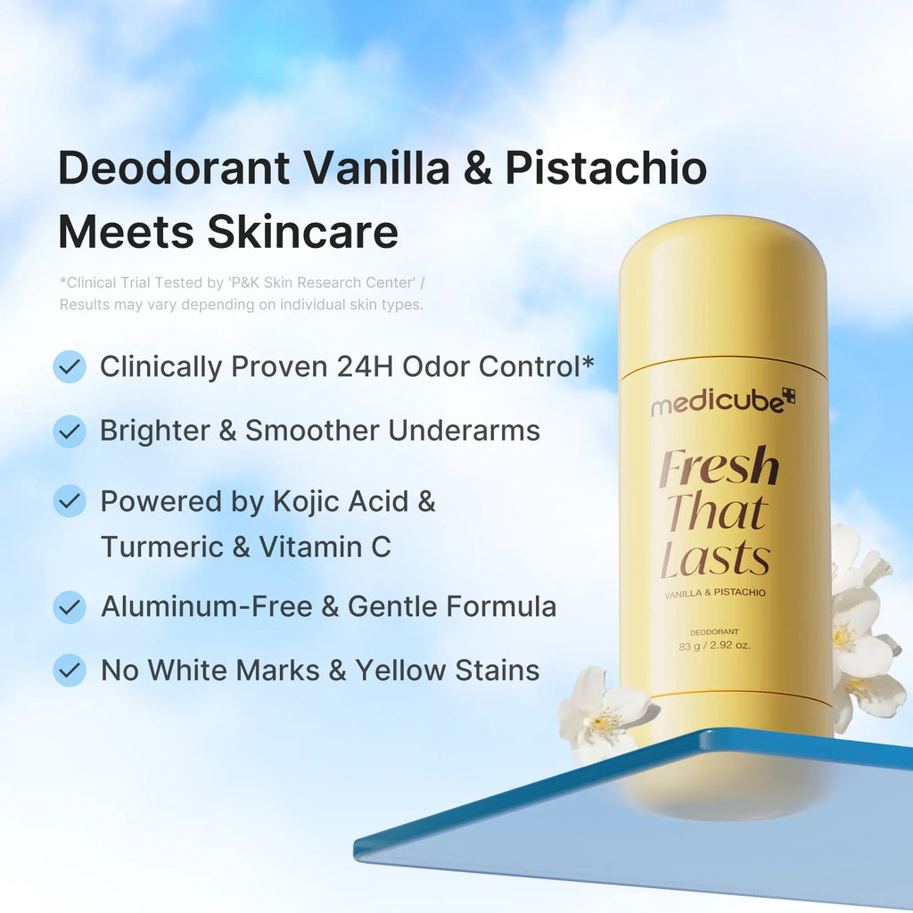 Deodorant stick against a blue sky with its aluminium-free and tone-care claims listed