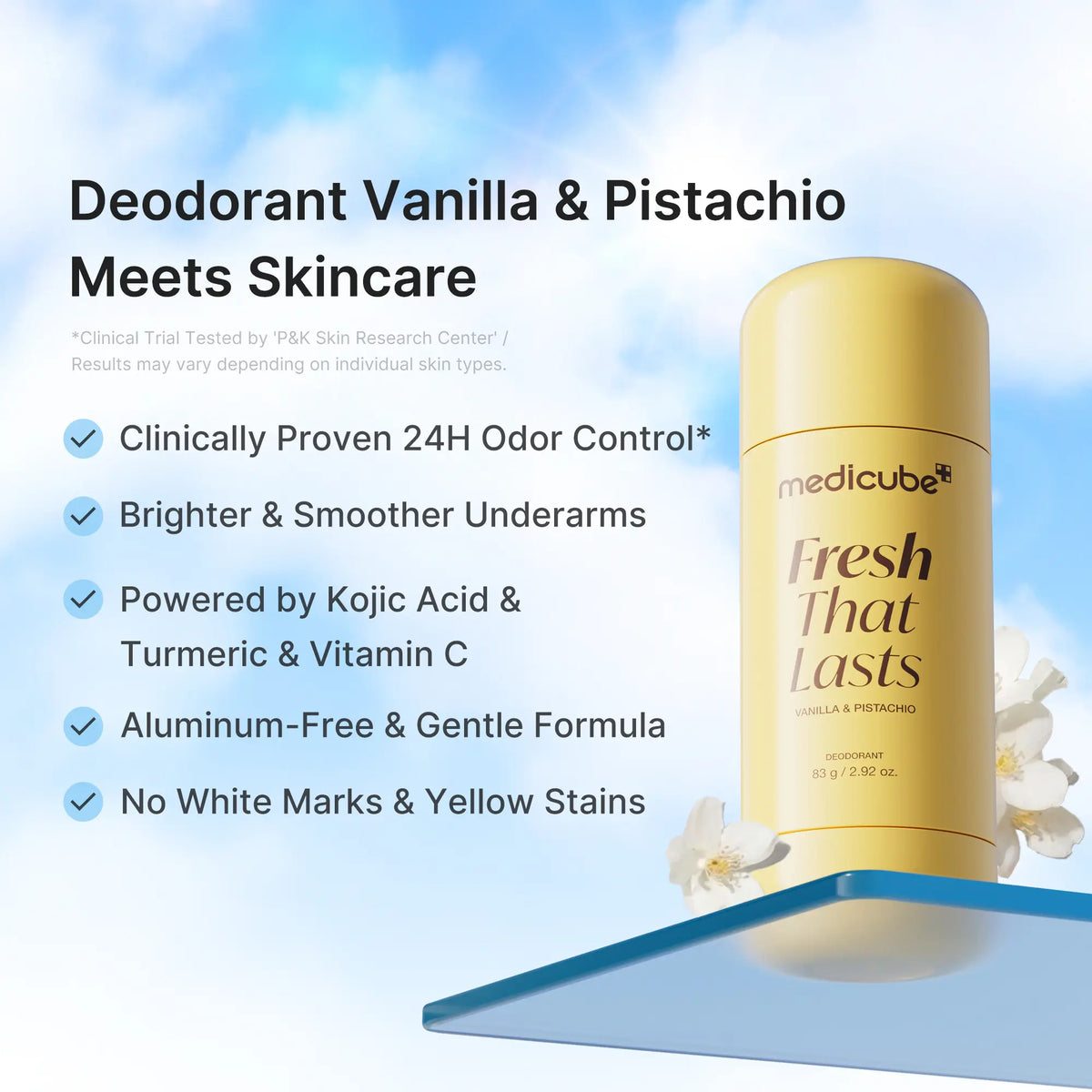Deodorant stick against a blue sky with its aluminium-free and tone-care claims listed