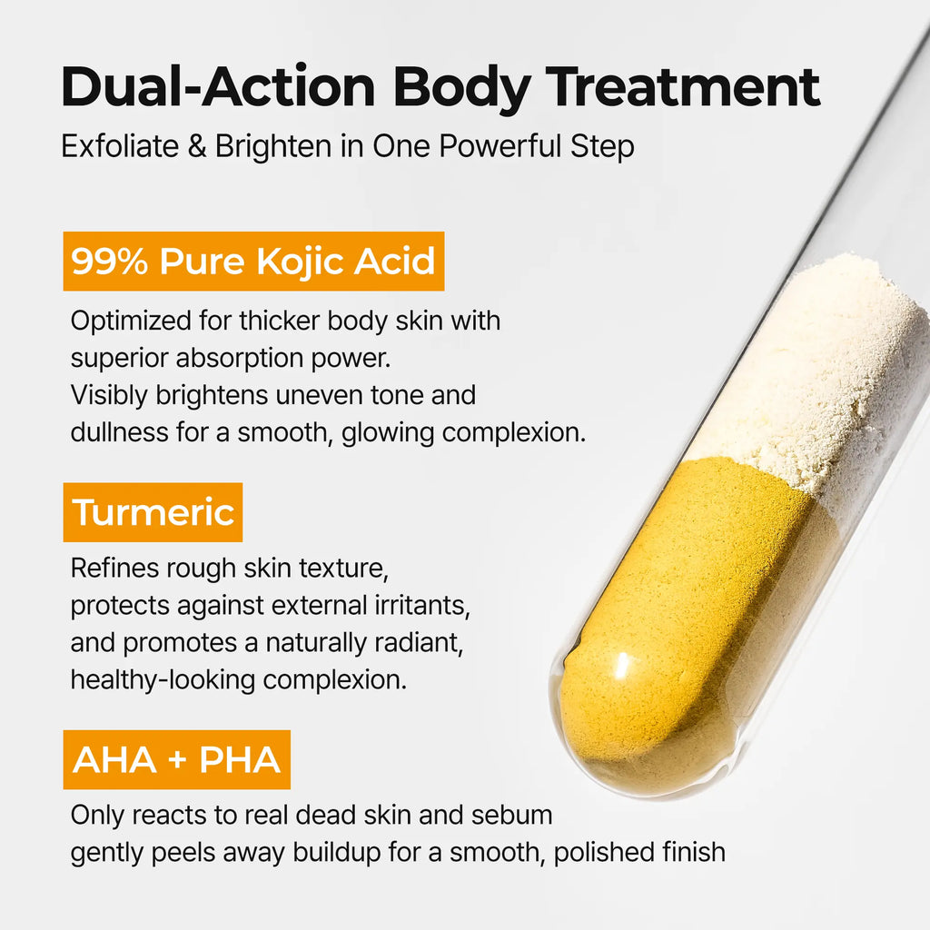 Test tube of kojic acid and turmeric powder beside the key ingredient list