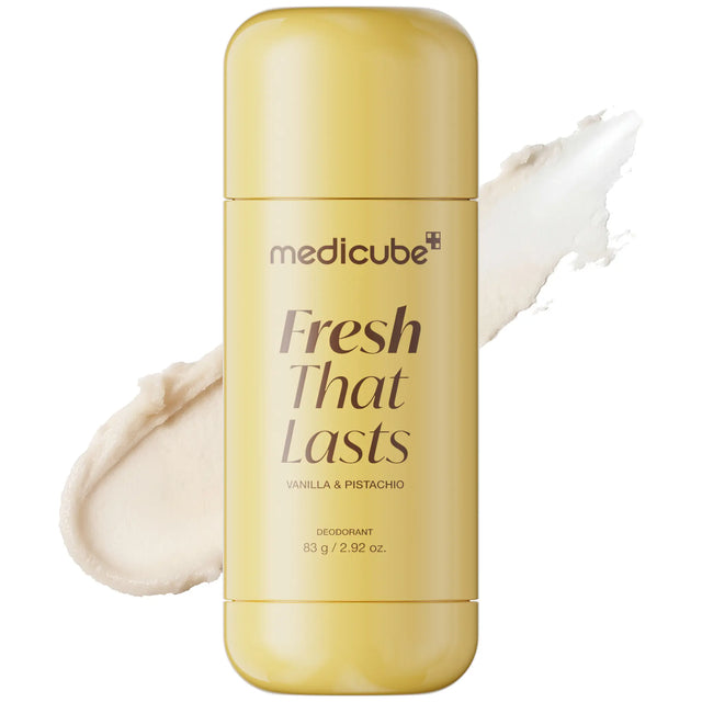 Medicube Fresh That Lasts vanilla and pistachio deodorant stick beside a cream swatch