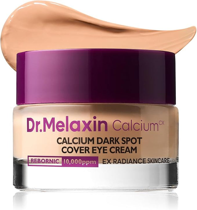 Dr.Melaxin Calcium Dark Spot Cover Eye Cream jar with a peach-toned cream swatch behind it