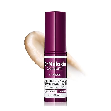 Dr.Melaxin Calcium Multi Balm purple stick standing upright beside a cream-coloured balm swatch