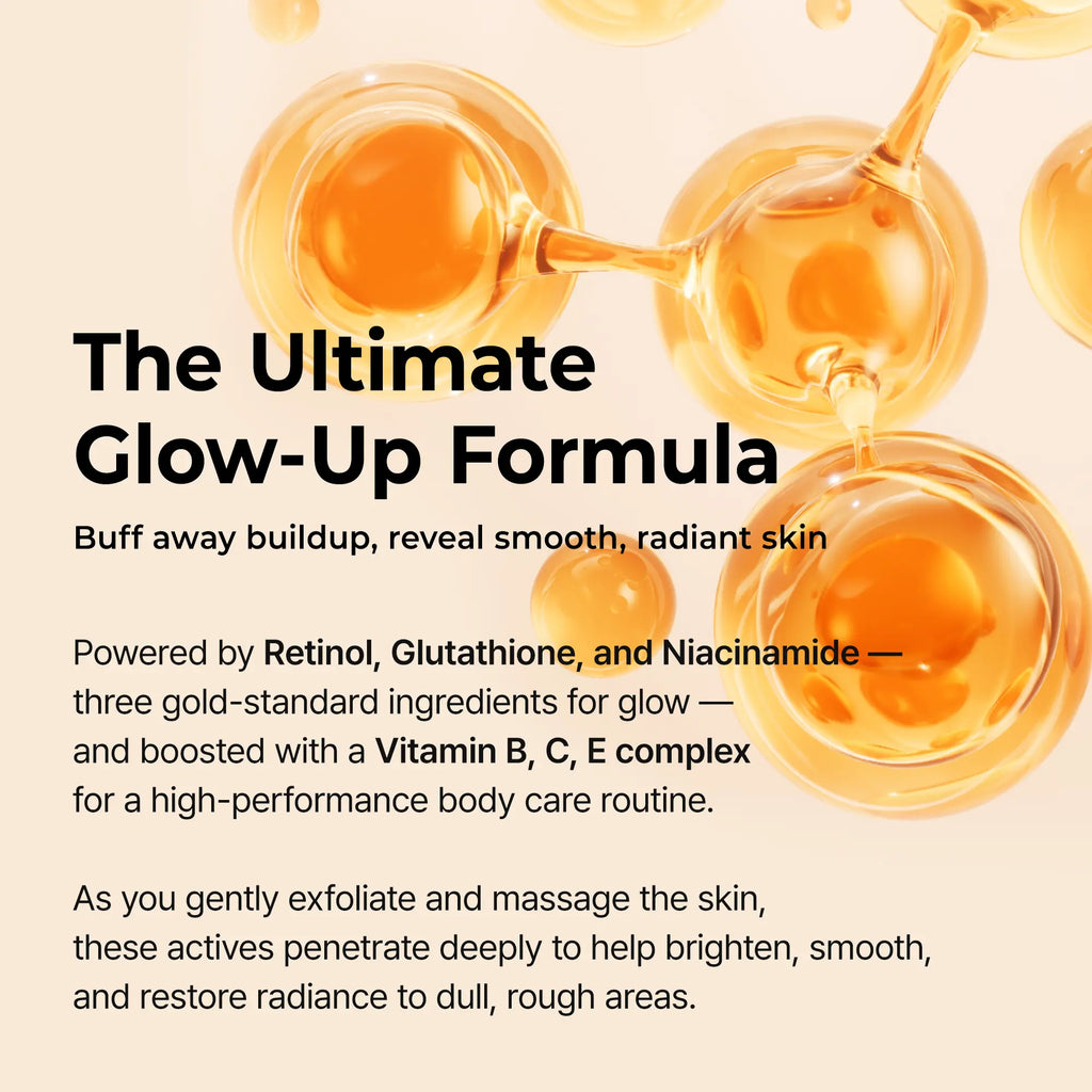 Golden oil droplets illustrating the retinol, glutathione and niacinamide blend