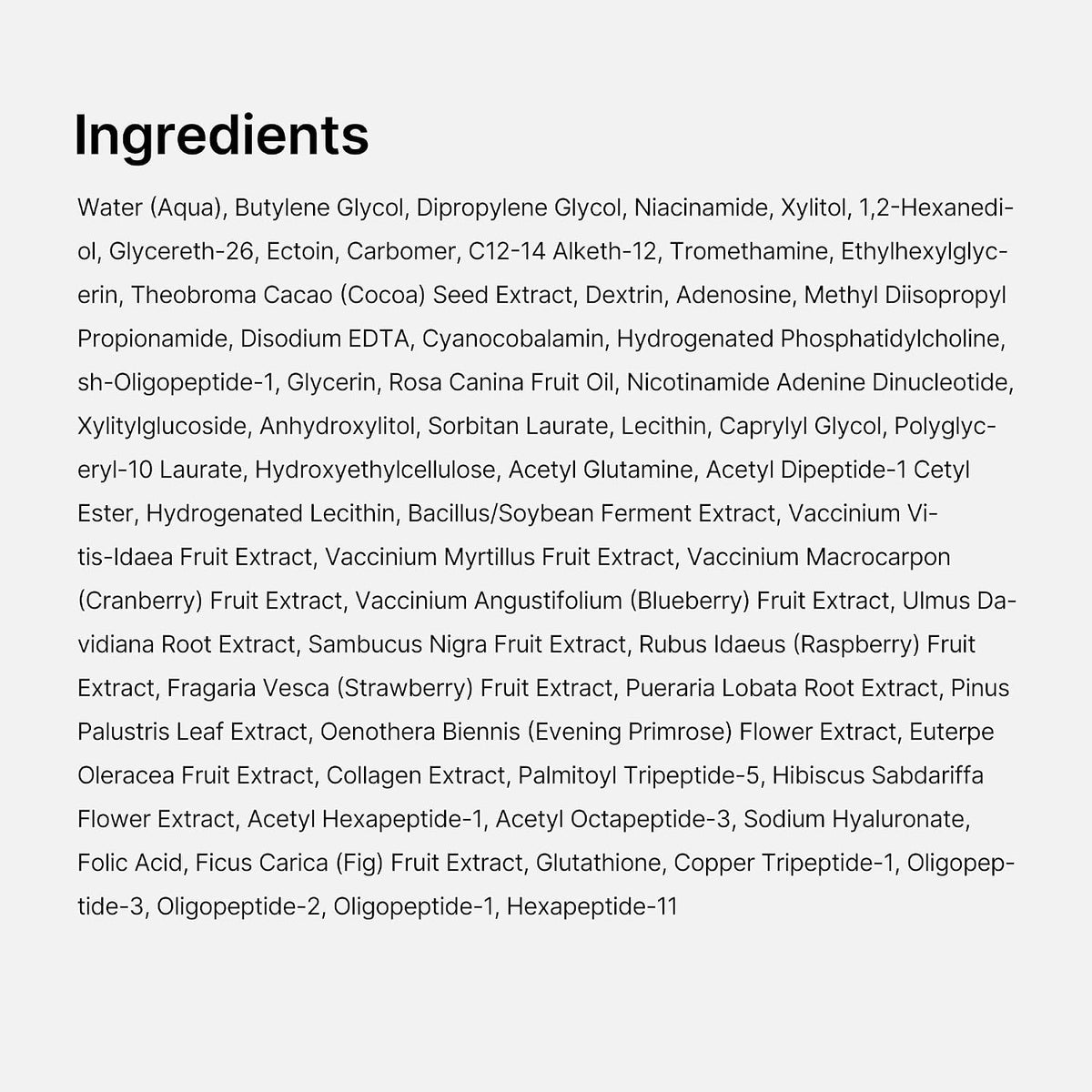 Full ingredient list for the Medicube NAD+ EGF Firming Serum, printed as text