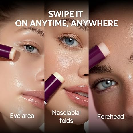 Three panels showing the balm applied to the eye area, nasolabial folds and forehead