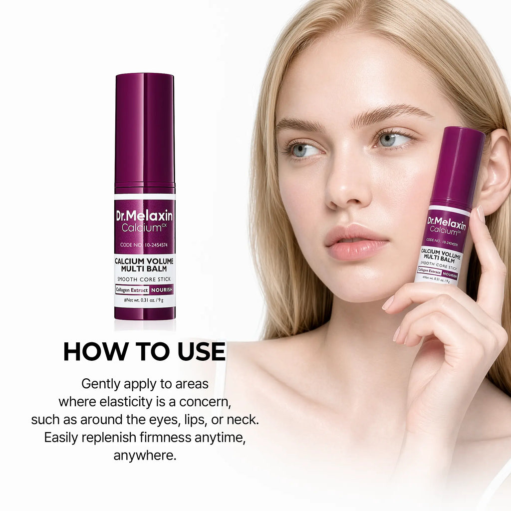 Model holding the balm stick beside how-to-use instructions for eyes, lips and neck