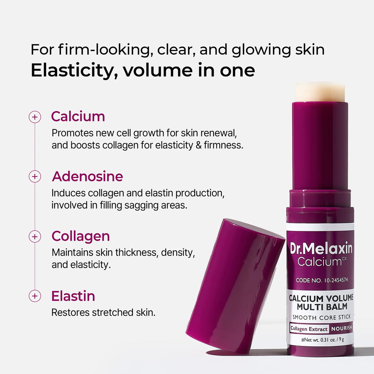 Balm stick with the cap off beside its key ingredients: calcium, adenosine, collagen and elastin