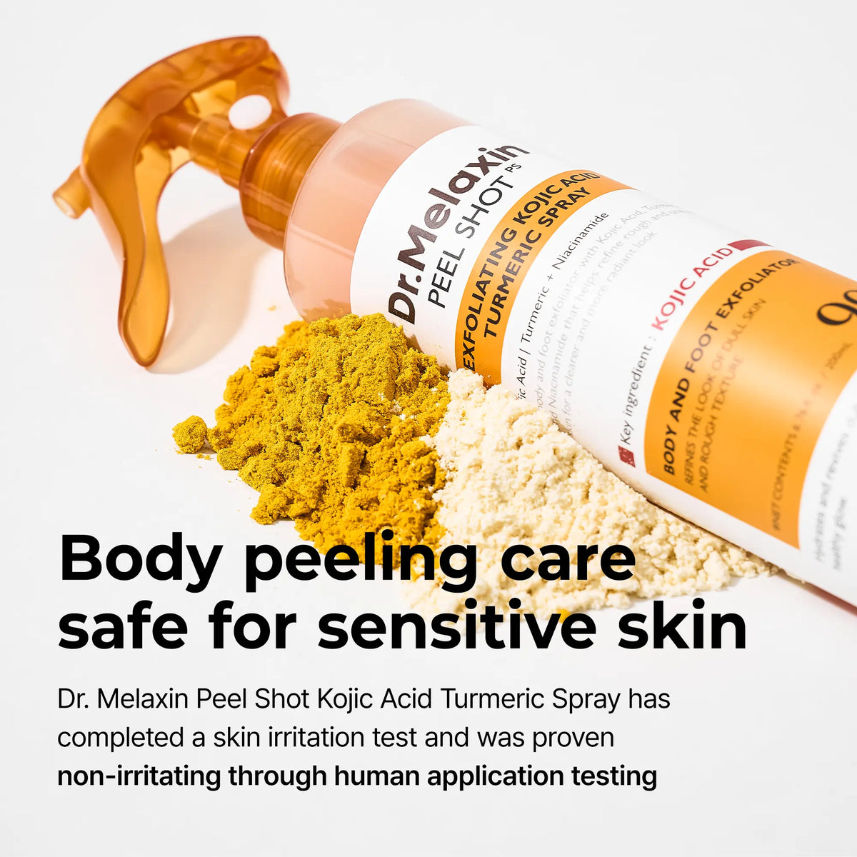 Spray bottle lying beside piles of turmeric and kojic acid powder