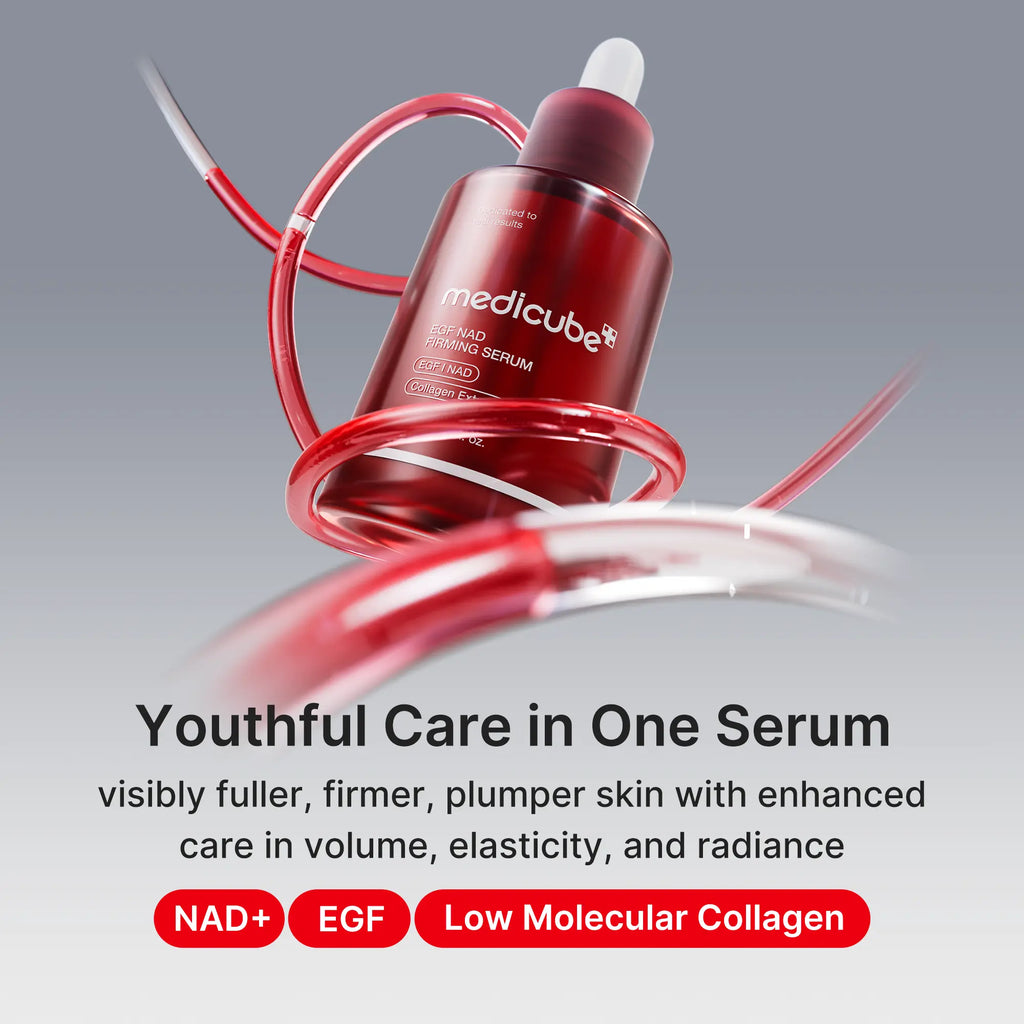 Serum bottle on a grey background labelled with NAD+, EGF and low molecular collagen