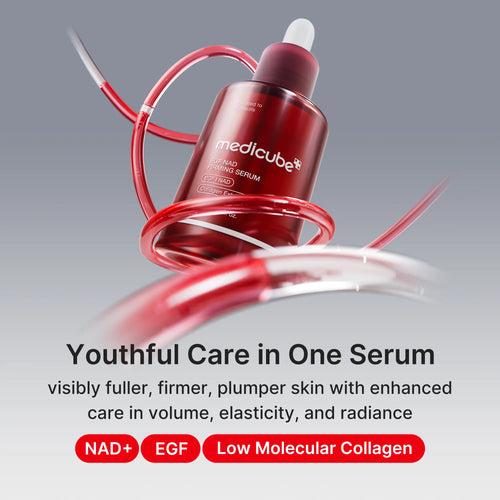 Serum bottle on a grey background labelled with NAD+, EGF and low molecular collagen