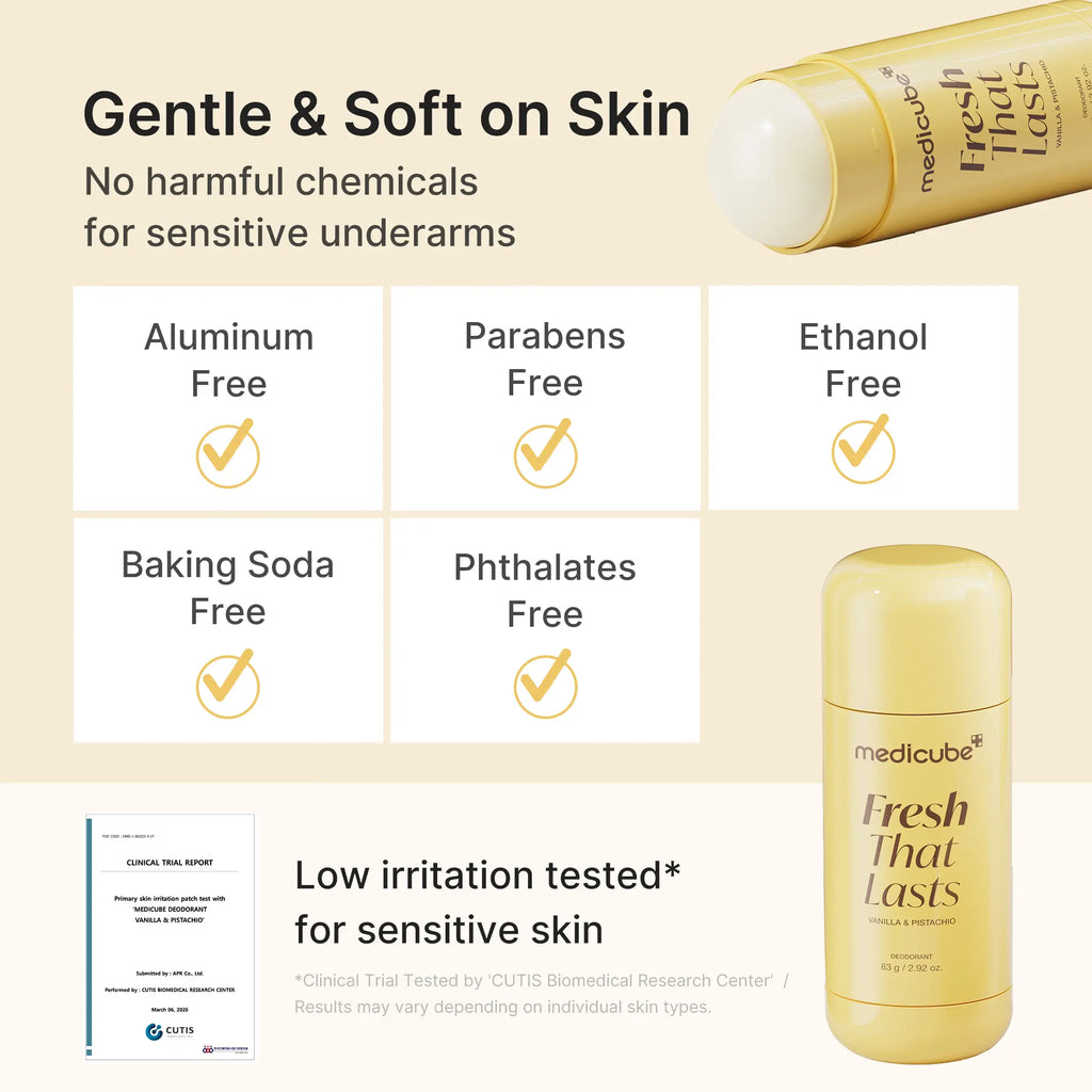 Free-from list — aluminium, parabens, ethanol, baking soda, phthalates — beside the deodorant stick