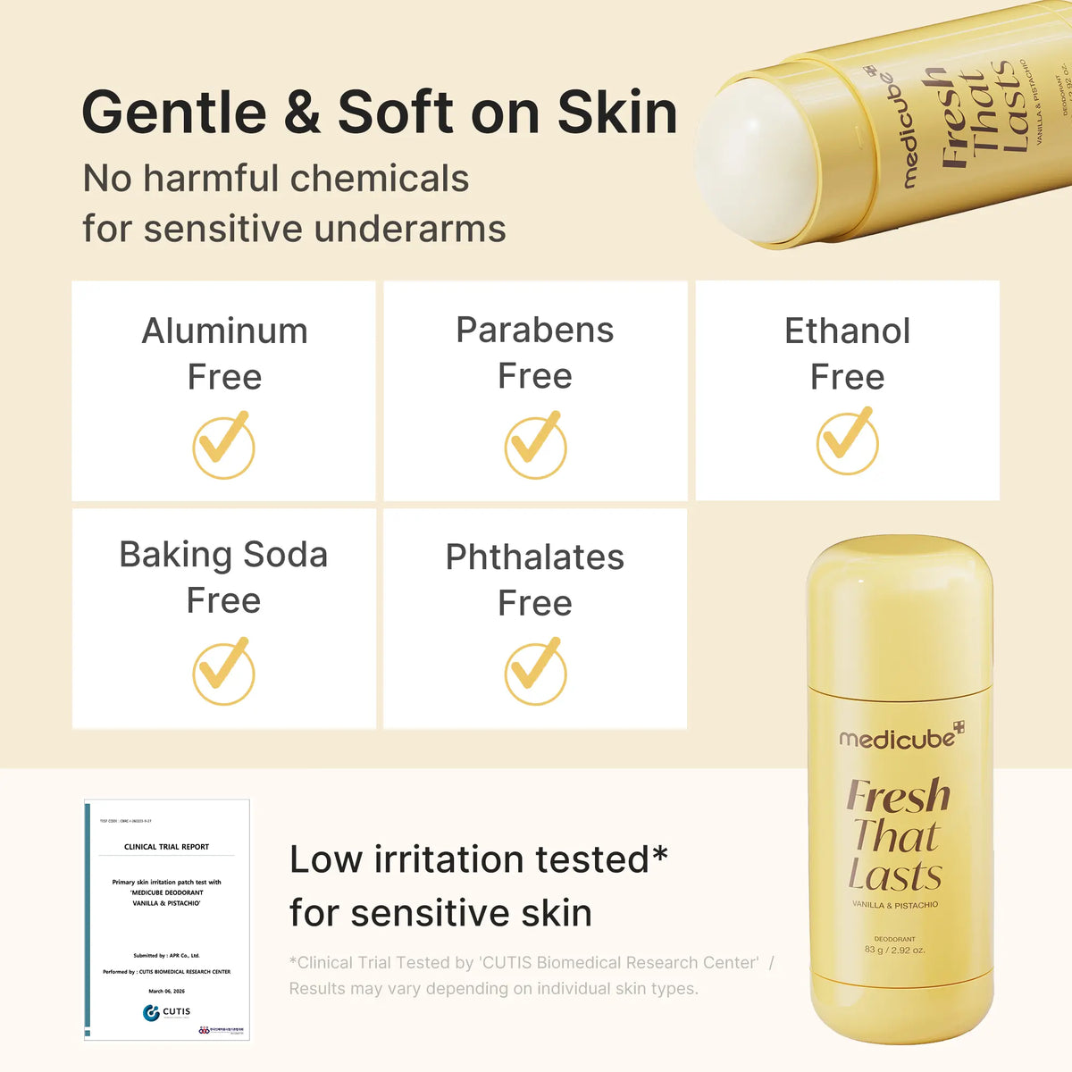 Free-from list — aluminium, parabens, ethanol, baking soda, phthalates — beside the deodorant stick