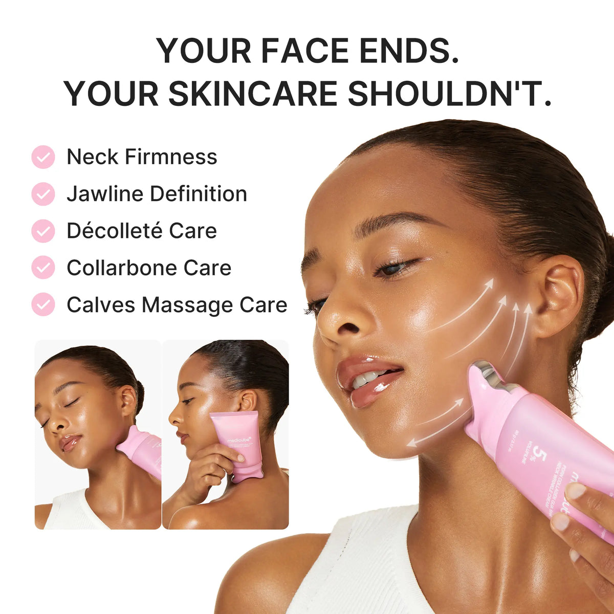 Model gliding the gua sha tube along the jawline, with treatment areas listed