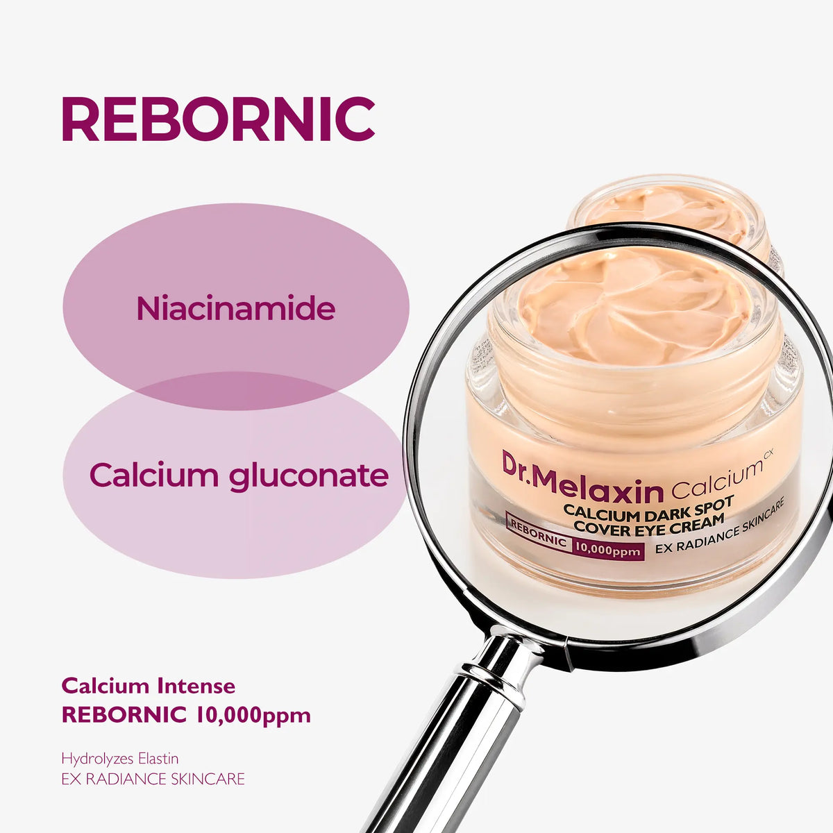 Magnifying glass over the open jar beside its key ingredients, niacinamide and calcium gluconate