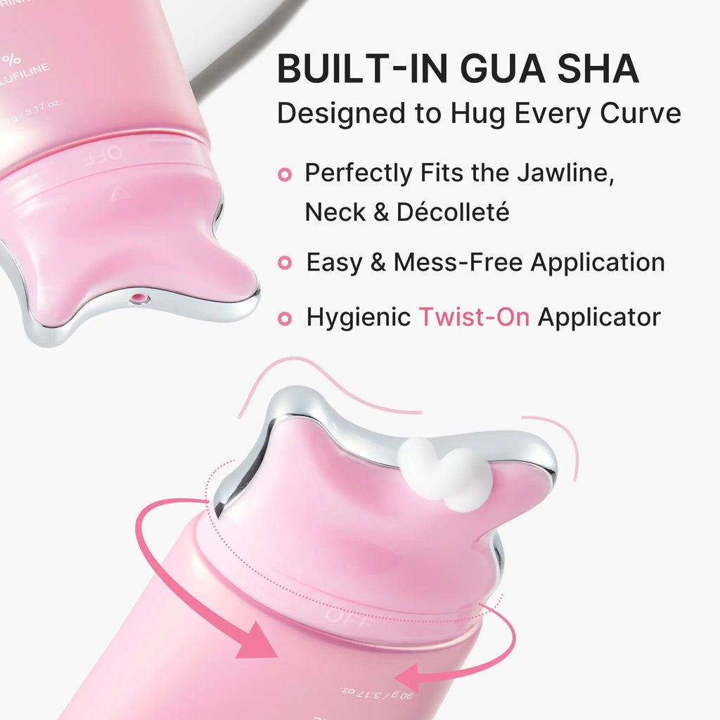 Close-up of the metal-edged gua sha applicator head and its twist-on mechanism
