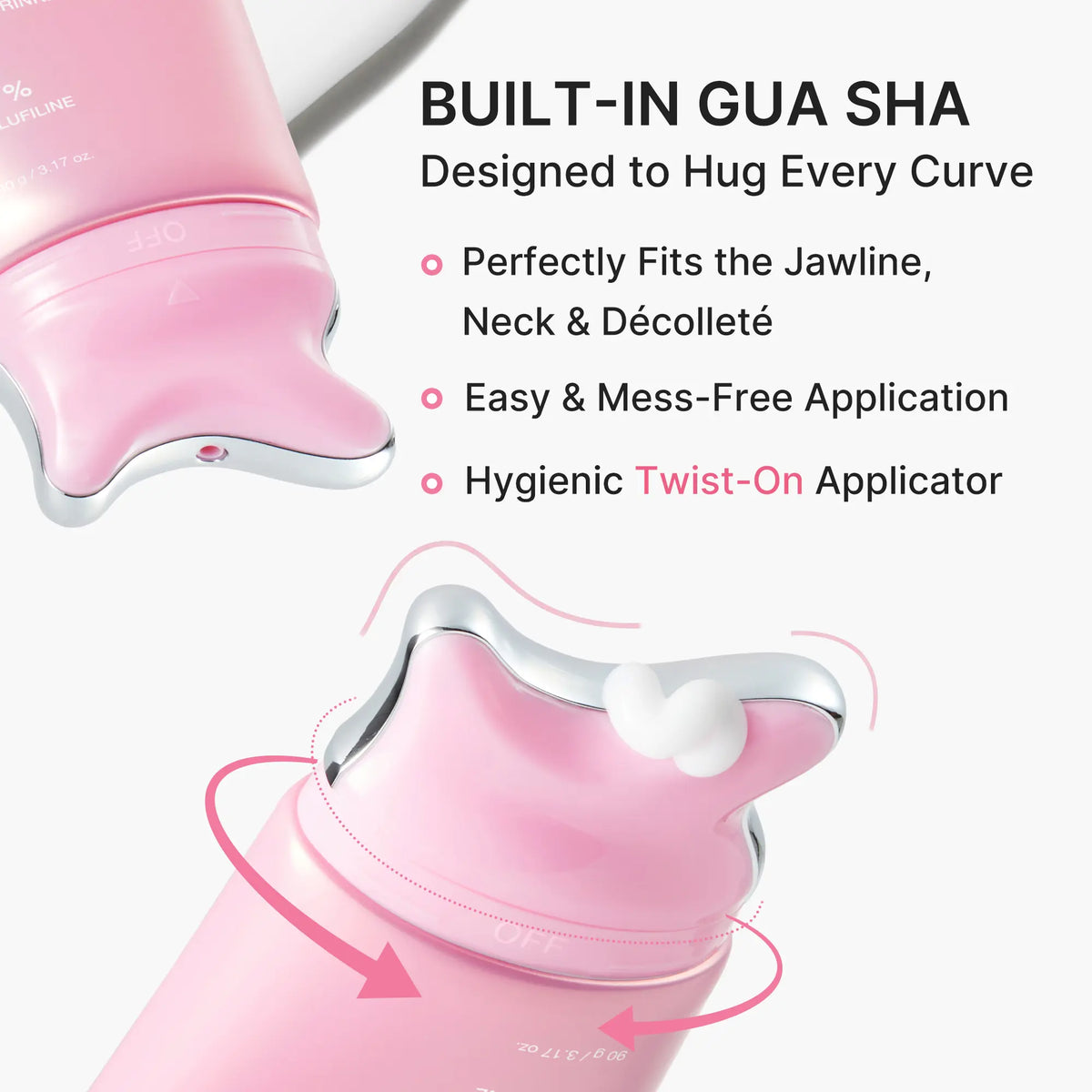Close-up of the metal-edged gua sha applicator head and its twist-on mechanism