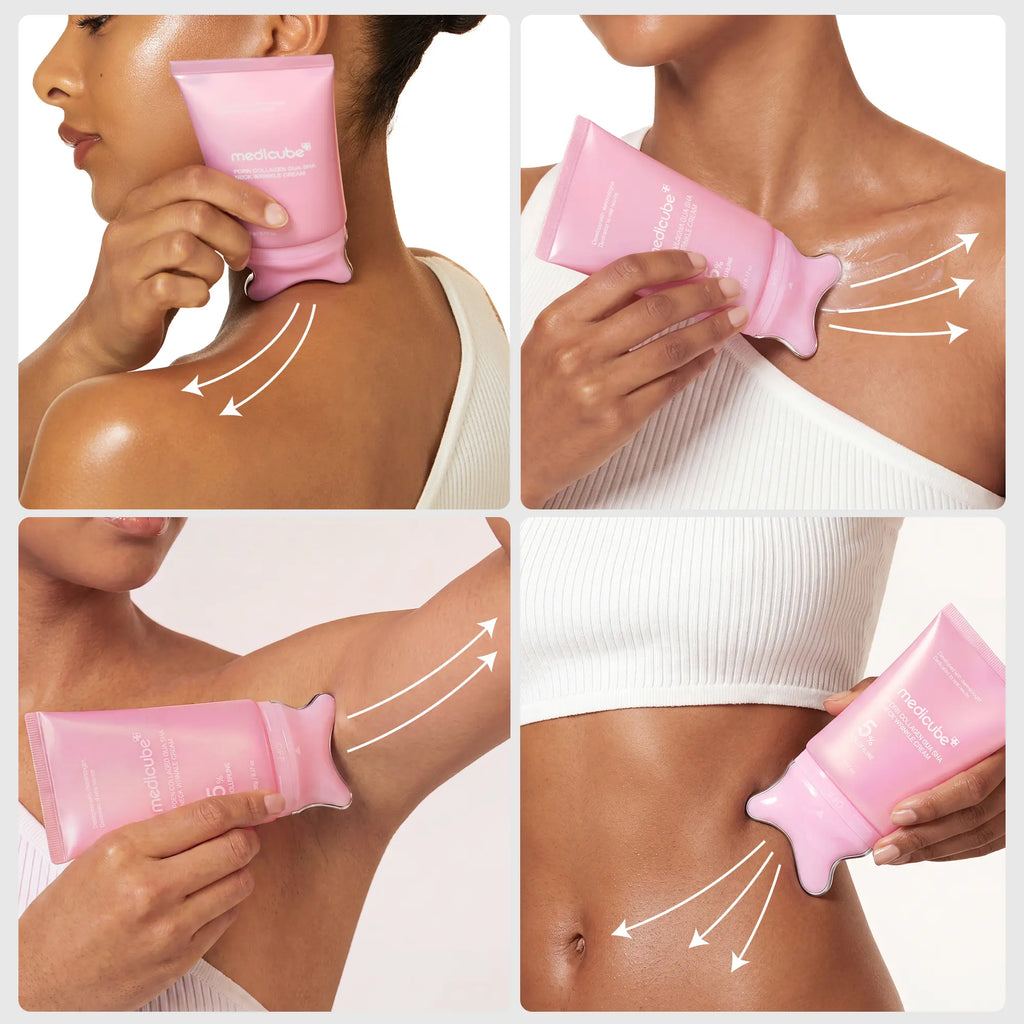 Four panels showing the applicator used on the neck, decollete, underarm and stomach