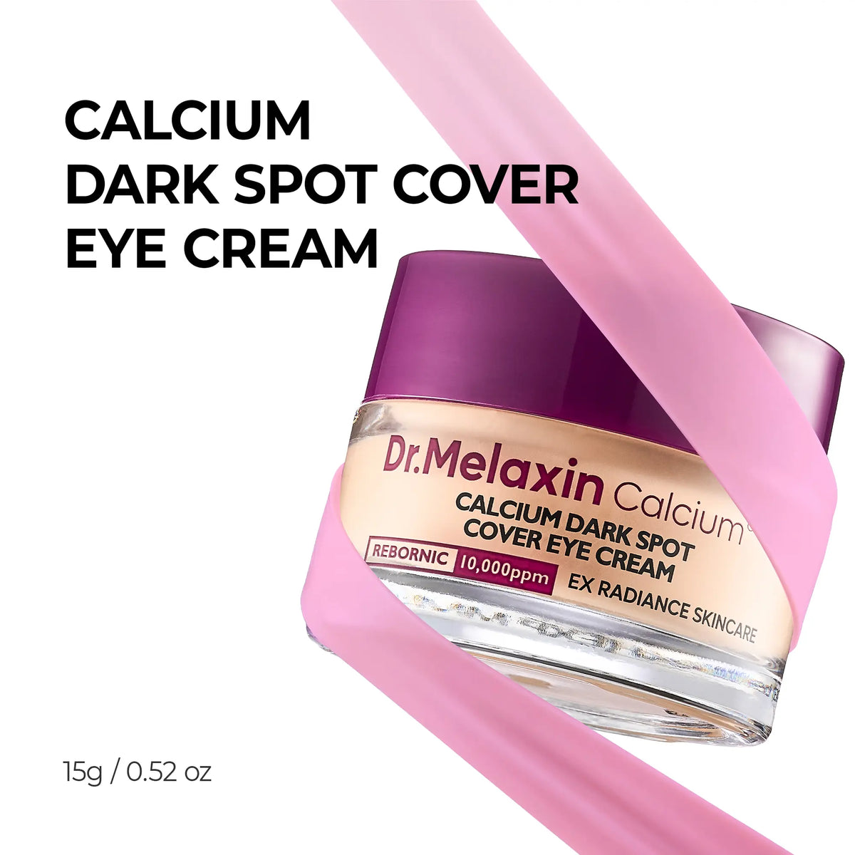 Eye cream jar wrapped in a pink ribbon, shown with the 15 g size