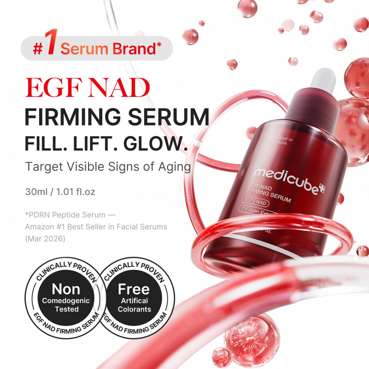 Serum bottle among red rings and droplets, shown with the 30 ml size