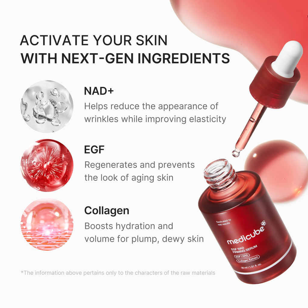 Dropper releasing serum beside ingredient circles for NAD+, EGF and collagen